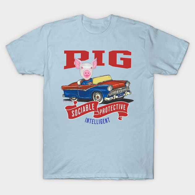 Humor funny and cute Pig driving a vintage classic car to a retro parade with red white and blue flags T-Shirt by Danny Gordon Art